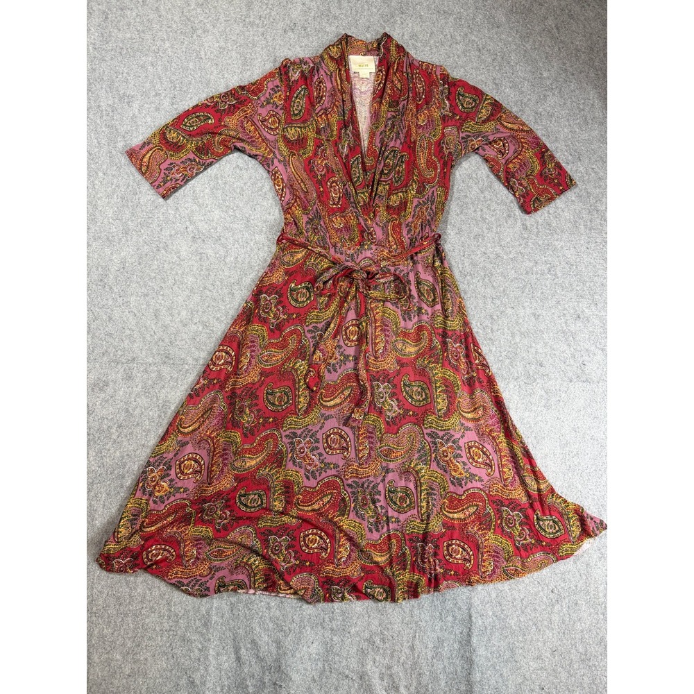 Maeve Anthropologie Womens Medium P Faux Wrap Midi Dress Red Paisley Viscose